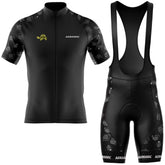 "Half-sleeve cycling kit with turtle pattern and gel-padded cycling shorts for comfort and performance."